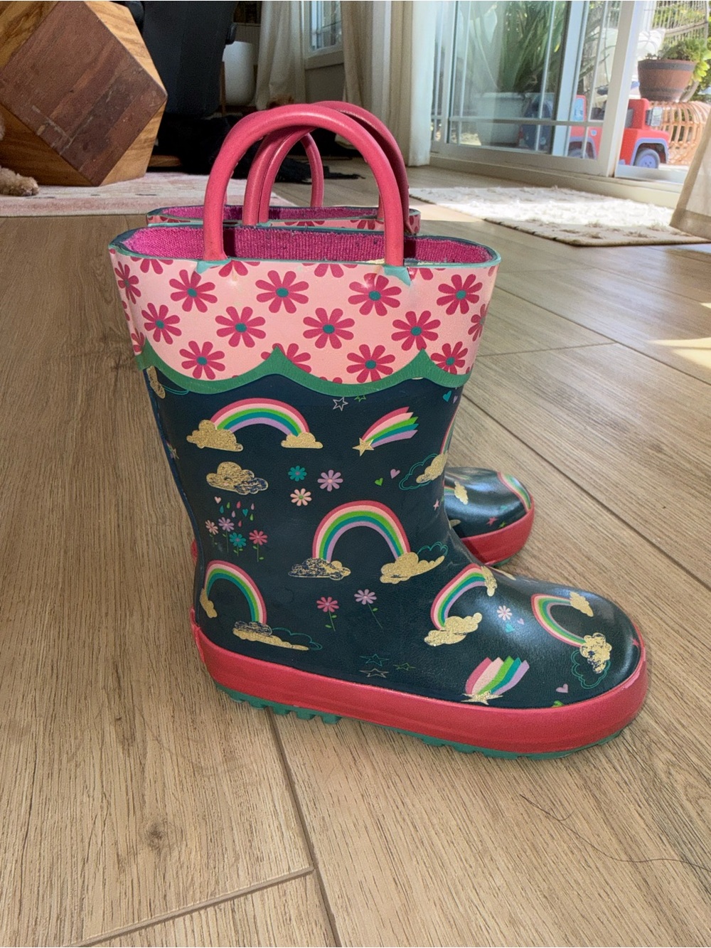 Stephen Joseph Kids Rainbow Rain Boots - Pink & Navy Floral Trim